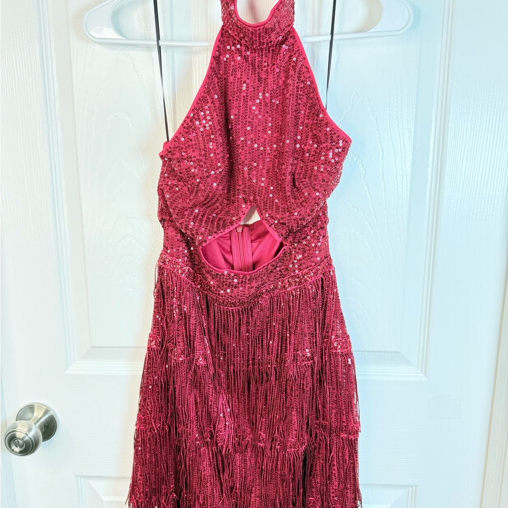 Pink Sequin Halter Dress with Fringe